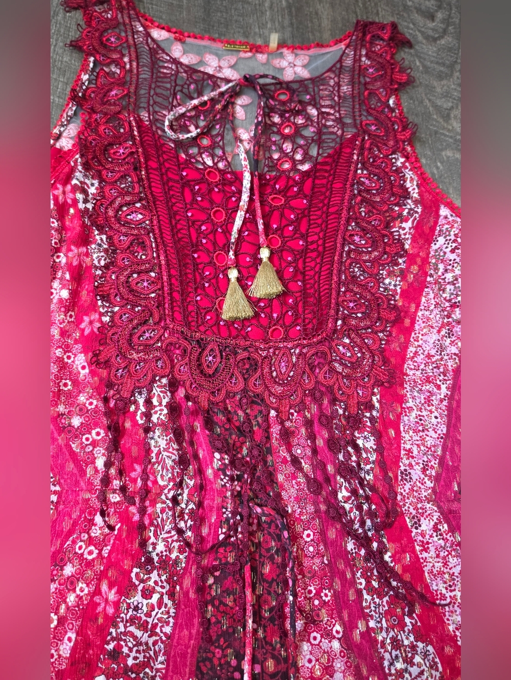 Elie Tahari Redwood McKenna Silk  Midi Dress Womens 8 Red Floral Boho Tassels - Picture 9 of 15